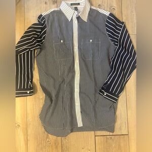 Ralph Lauren Navy and White Striped Button Down Shirt Womens Charmeuse Large